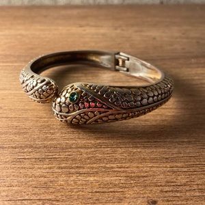 Vintage Hinged Bracelet 7 1/2” Circumference Green Eyed Snake